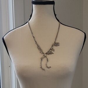 Silver Tone Statement T-Rex Skeleton Necklace